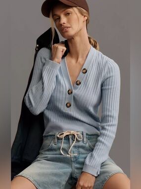 Anthropologie pilcro blue sweater ribbed vneck buttons size XL Henley